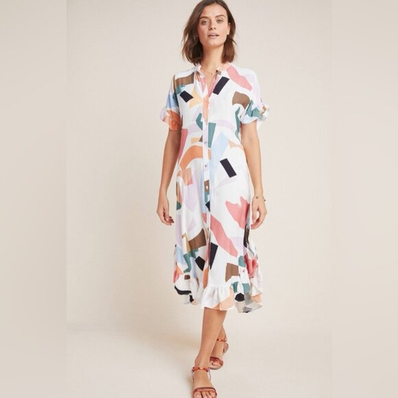 EUC Anthropologie Corey Lynn Calter Soho Ruffled Shirtdress in Women's Large - Picture 1 of 9
